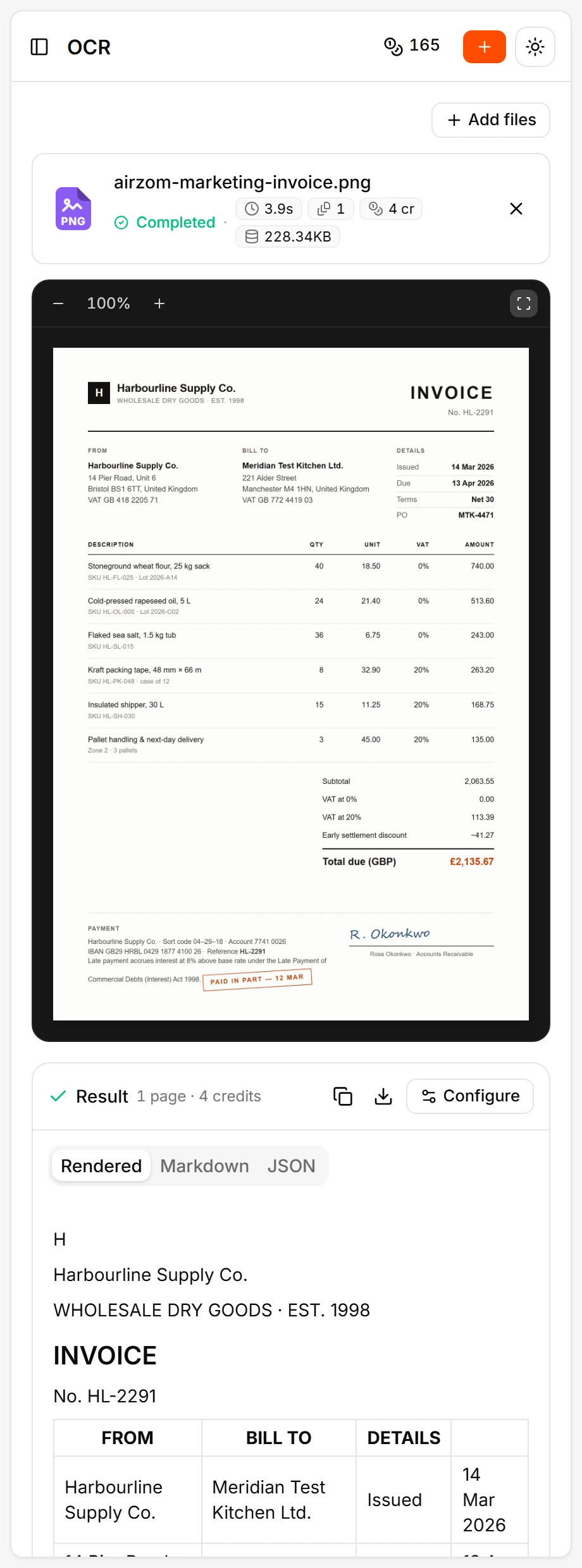 The Airzom OCR workspace on a phone: the supplier invoice above, its extracted result below.