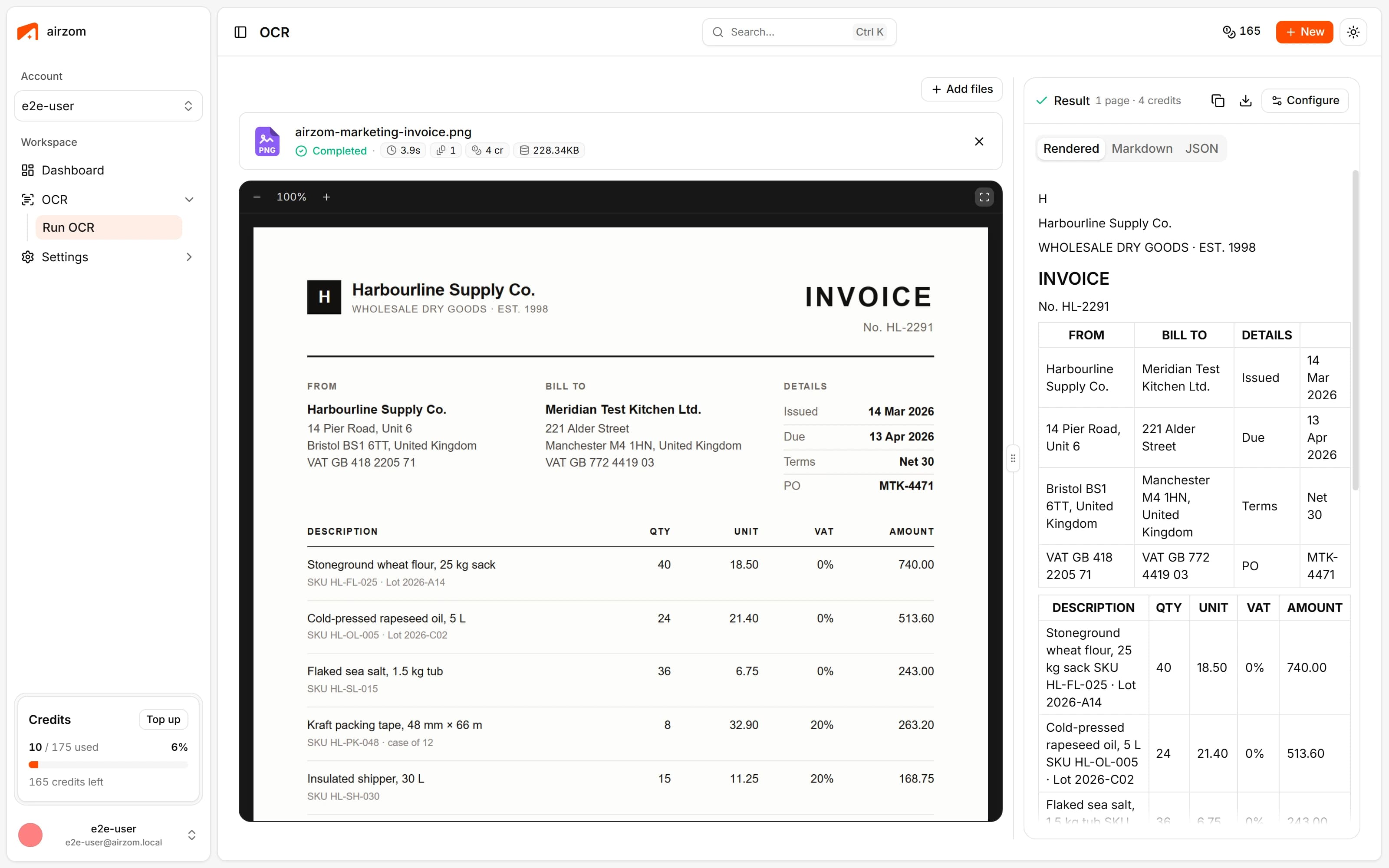 The Airzom OCR workspace: a supplier invoice on the left, and on the right the line-item and totals tables extracted from it.