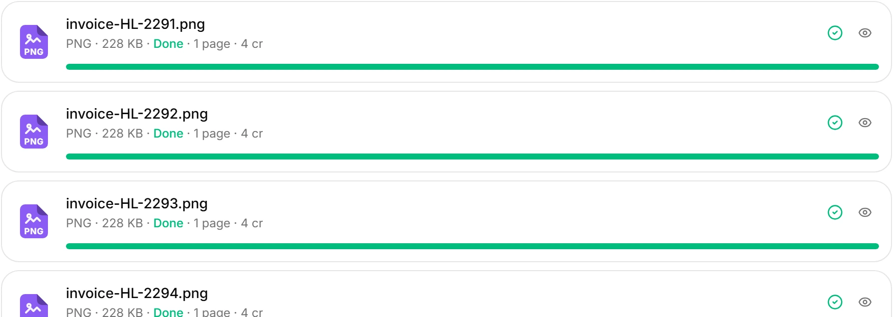 A finished batch of four invoices in the Airzom OCR queue, each marked done with its page count and credit cost.
