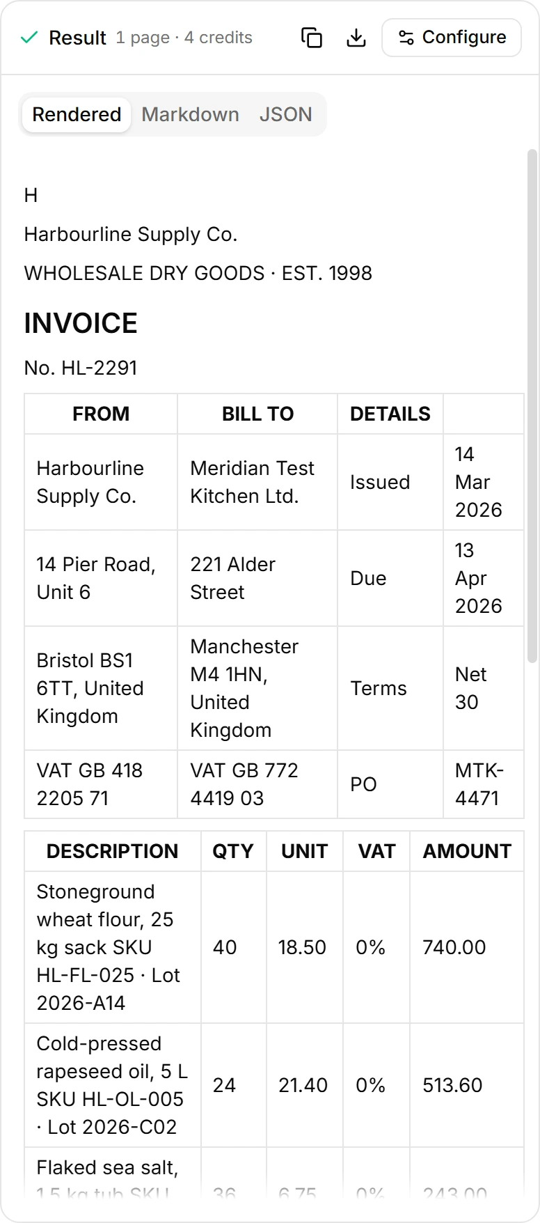 The Airzom result panel showing the extracted invoice as rendered Markdown, with the supplier details and line-item tables intact.