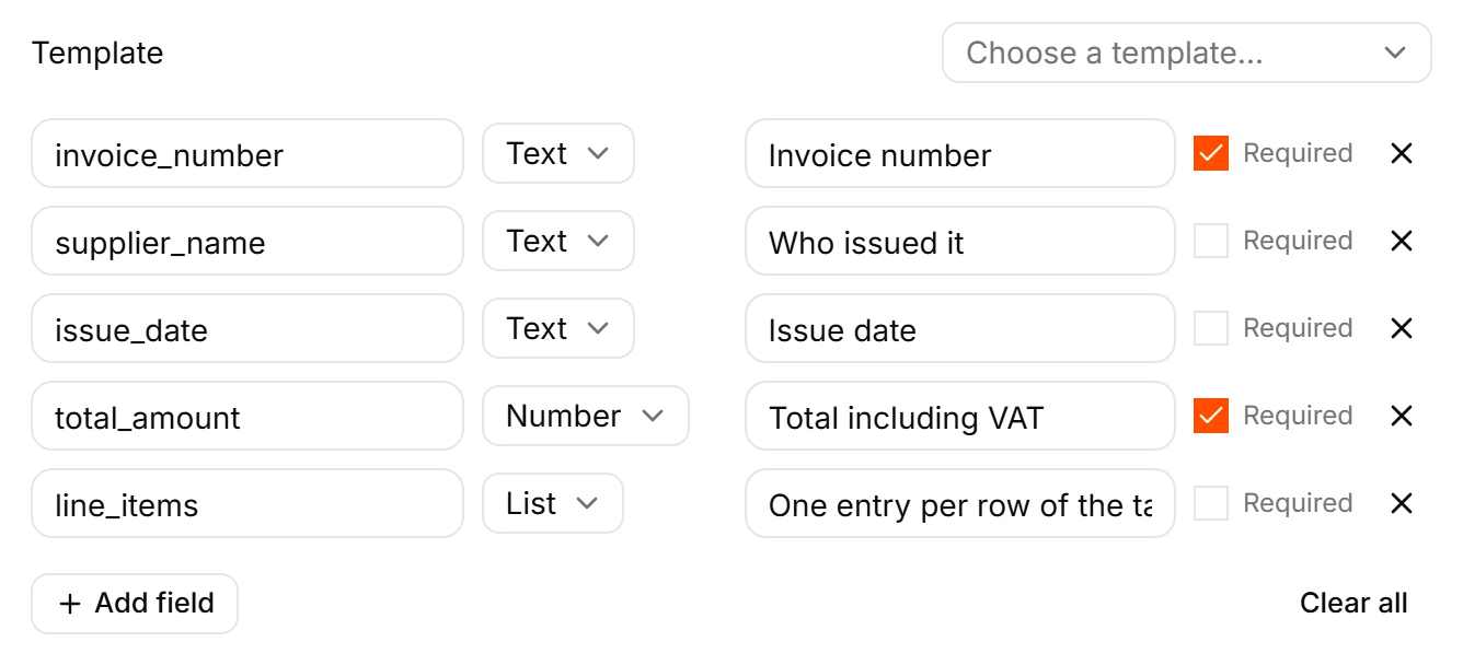 The Airzom response-format dialog, defining invoice_number, supplier_name, issue_date, total_amount and line_items with their types.